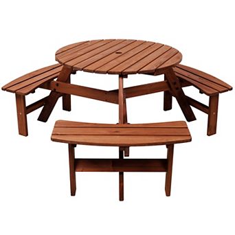 Wooden Picnic Table with 3 Built in Benches with Umbrella Hole