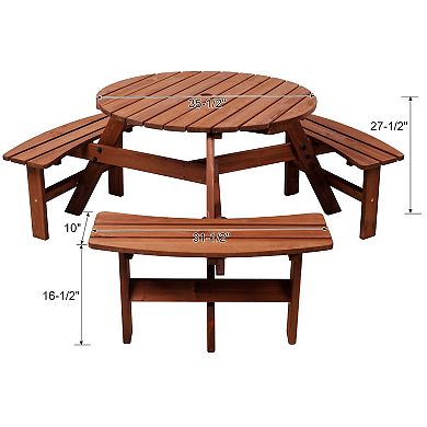 Wooden Picnic Table with 3 Built in Benches with Umbrella Hole
