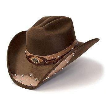 Brown Faux Suede Western Hat with Tooled Hat Band and Leather Side Accents