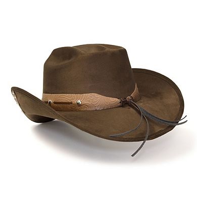 Brown Faux Suede Western Hat with Tooled Hat Band and Leather Side Accents