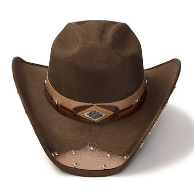 Brown Faux Suede Western Hat with Tooled Hat Band and Leather Side Accents