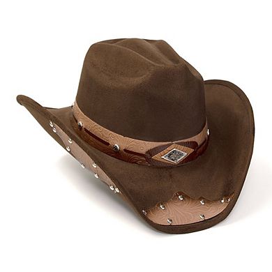 Brown Faux Suede Western Hat with Tooled Hat Band and Leather Side Accents