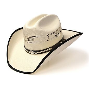 Natural Straw Western Bangora Hat with Black Trim and Leather Hat Band