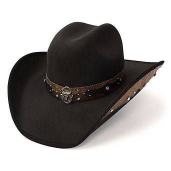 Black Faux Suede Western Hat with Leather Sides and Steer Skull Hat Band