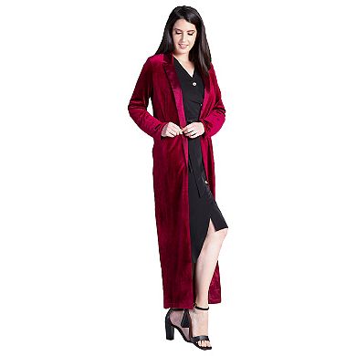 Women's Satin Lapel Stretch Velvet Wrap Midi Long Overcoat