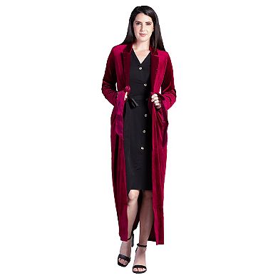 Women's Satin Lapel Stretch Velvet Wrap Midi Long Overcoat