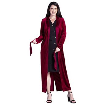 Women's Satin Lapel Stretch Velvet Wrap Midi Long Overcoat