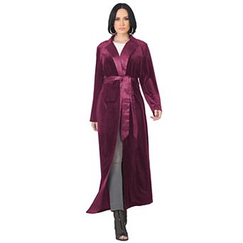 Women's Satin Lapel Stretch Velvet Wrap Midi Long Overcoat