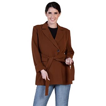 Women's Tie Belt Double Flap Pocket Blazer