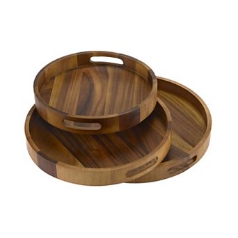 Set of 3 Round Acacia Wood Serving Trays Solid Bottom Wooden Tray Set 13", 15", 17"