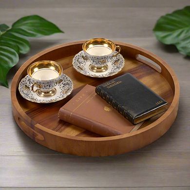Set of 3 Round Acacia Wood Serving Trays Solid Bottom Wooden Tray Set 13", 15", 17"