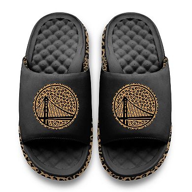 Women's ISlide Black Golden State Warriors Cheetah Dip Motive Slide Sandals