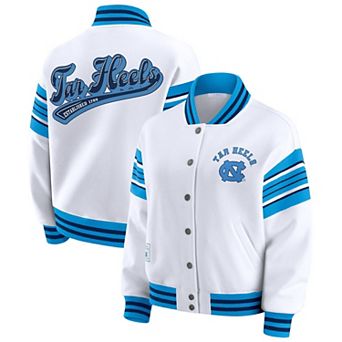 Women's WEAR by Erin Andrews White/Carolina Blue North Carolina Tar Heels Satin Stitch Full-Snap Fleece Sweatshirt Jacket