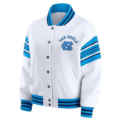 Women's WEAR by Erin Andrews White/Carolina Blue North Carolina Tar Heels Satin Stitch Full-Snap Fleece Sweatshirt Jacket