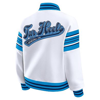 Women's WEAR by Erin Andrews White/Carolina Blue North Carolina Tar Heels Satin Stitch Full-Snap Fleece Sweatshirt Jacket