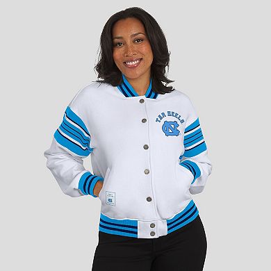 Women's WEAR by Erin Andrews White/Carolina Blue North Carolina Tar Heels Satin Stitch Full-Snap Fleece Sweatshirt Jacket