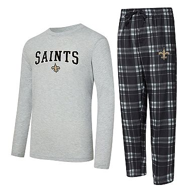 Men's Concepts Sport Black/Heather Gray New Orleans Saints Regulate Long Sleeve T-Shirt and Plaid Pant Set