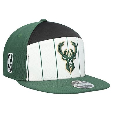 Youth New Era White/Hunter Green Milwaukee Bucks 2025 NBA Tip Off Split Panel 9FIFTY Snapback Hat