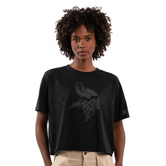 Women's Starter Black Minnesota Vikings Rhinestone Sprinkle Boxy Cropped T-Shirt