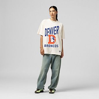 Women's Mitchell & Ness Cream Denver Broncos Logo Rise Boyfriend T-Shirt