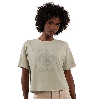 Women's Starter Khaki New Orleans Saints Rhinestone Sprinkle Boxy Cropped T-Shirt