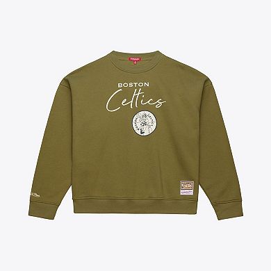 Women's Mitchell & Ness Olive Boston Celtics Lightweight Script Sweatshirt