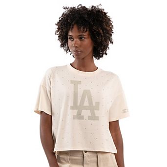 Women's Starter Cream Los Angeles Dodgers Rhinestone Sprinkle Boxy Cropped T-Shirt