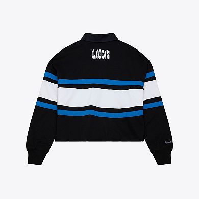 Women's Mitchell & Ness Black Detroit Lions Cropped Long Sleeve Rugby Polo