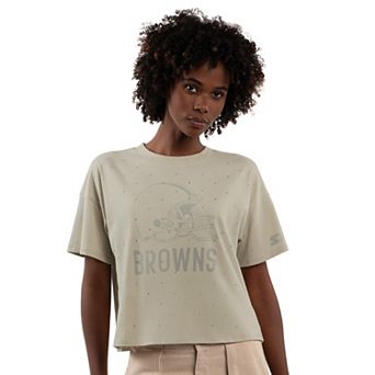 Women's Starter Khaki Cleveland Browns Rhinestone Sprinkle Boxy Cropped T-Shirt