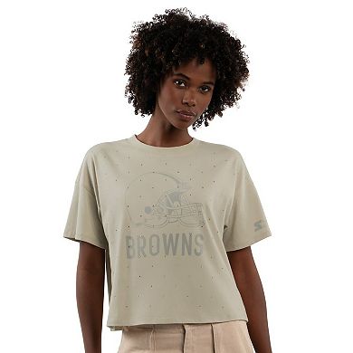 Women's Starter Khaki Cleveland Browns Rhinestone Sprinkle Boxy Cropped T-Shirt