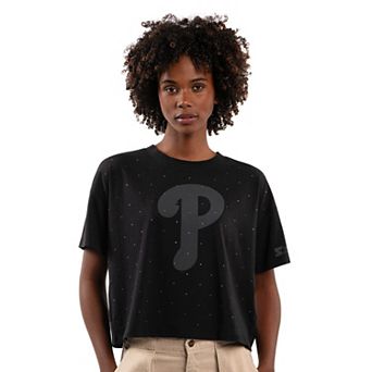 Women's Starter Black Philadelphia Phillies Rhinestone Sprinkle Boxy Cropped T-Shirt