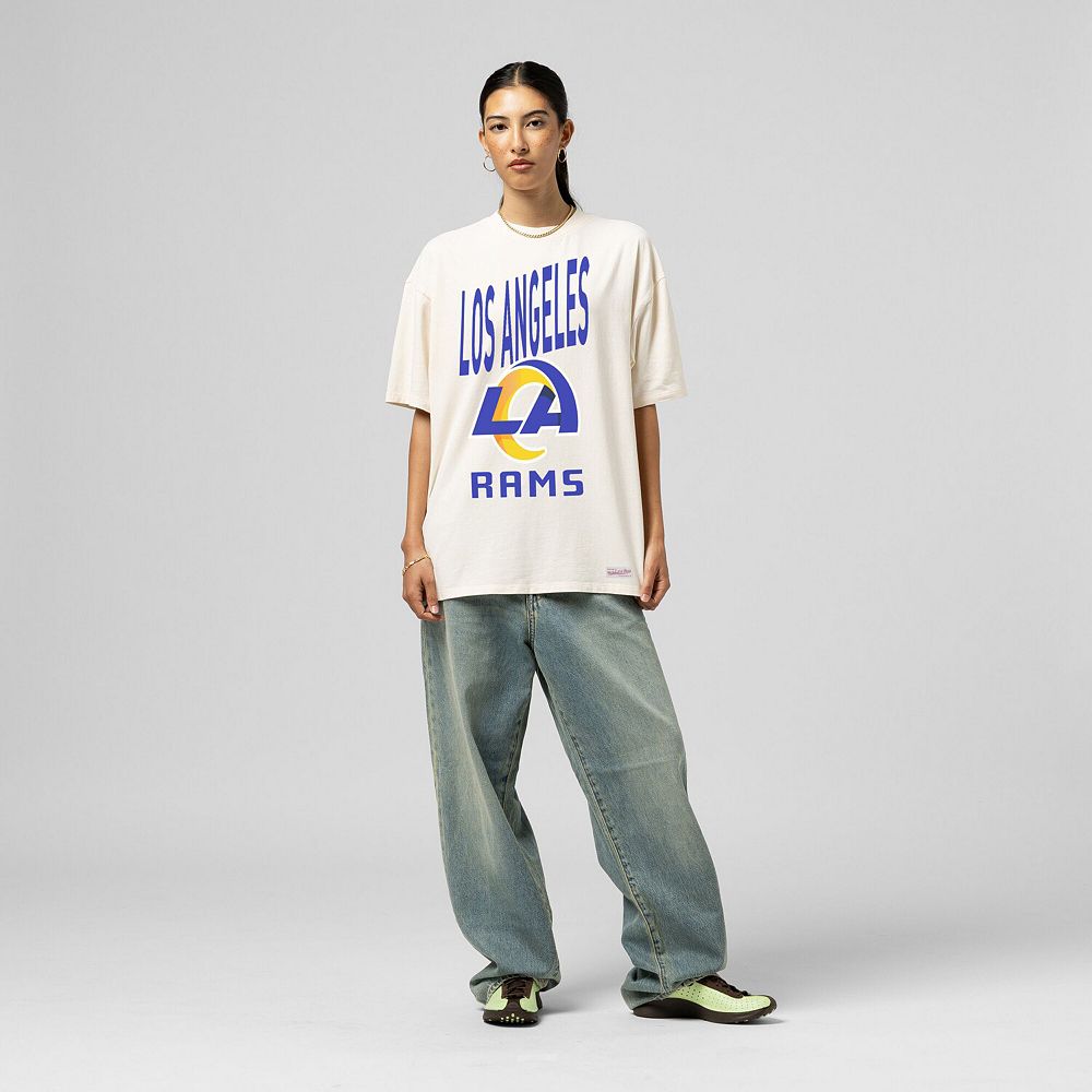 Women's Mitchell & Ness Cream Los Angeles Rams Logo Rise Boyfriend T-Shirt