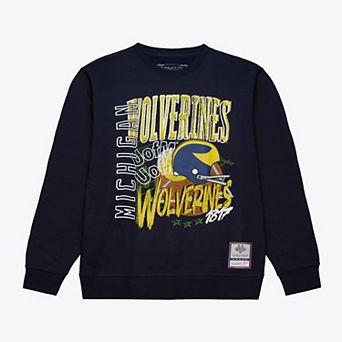 Men's Mitchell & Ness Navy Michigan Wolverines Half Time Fleece Crewneck Sweatshirt