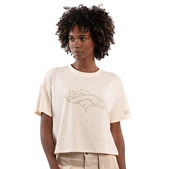 Women's Starter Cream Denver Broncos Rhinestone Sprinkle Boxy Cropped T-Shirt
