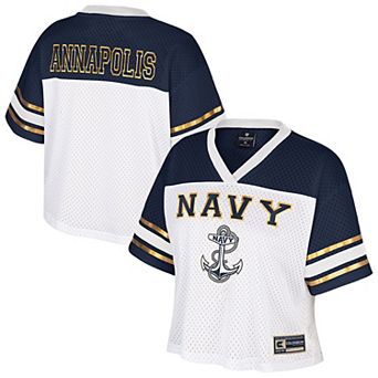 Women's Colosseum White Navy Midshipmen Treasure Cropped Football Jersey