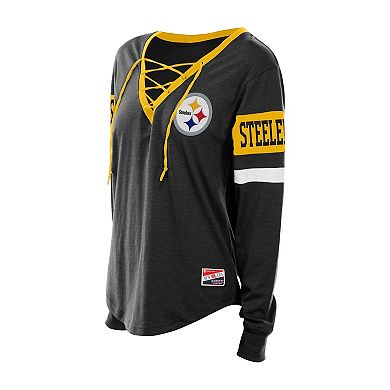 Women's New Era Black Pittsburgh Steelers Throwback Lace-Up Long-Sleeve T-Shirt