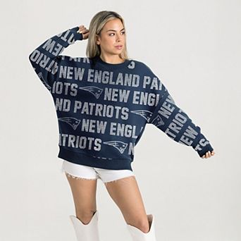 Women's Gameday Couture Navy New England Patriots Oversized Hype Era Rhinestone Text Sweatshirt