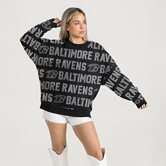 Women's Gameday Couture Black Baltimore Ravens Oversized Hype Era Rhinestone Text Sweatshirt