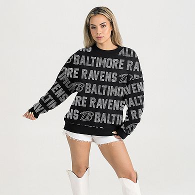 Women's Gameday Couture Black Baltimore Ravens Oversized Hype Era Rhinestone Text Sweatshirt