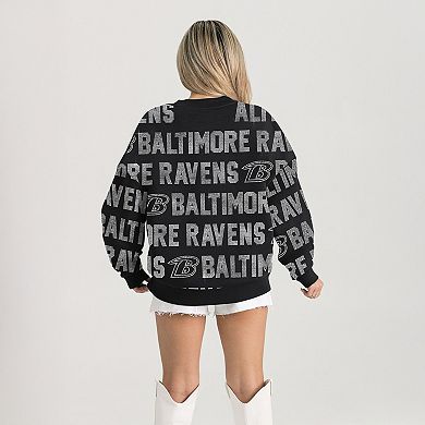Women's Gameday Couture Black Baltimore Ravens Oversized Hype Era Rhinestone Text Sweatshirt