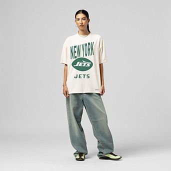 Women's Mitchell & Ness Cream New York Jets Logo Rise Boyfriend T-Shirt