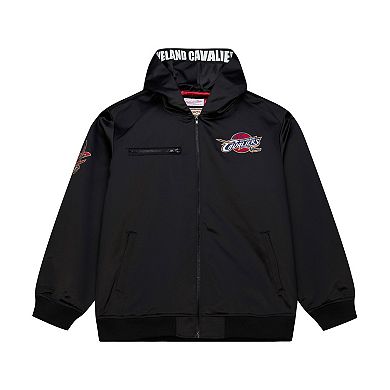 Men's Mitchell & Ness Black Cleveland Cavaliers Hardwood Classics Nights Walk the Tunnel Satin Bomber Full-Snap Hooded Jacket