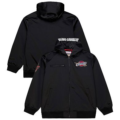 Men's Mitchell & Ness Black Cleveland Cavaliers Hardwood Classics Nights Walk the Tunnel Satin Bomber Full-Snap Hooded Jacket
