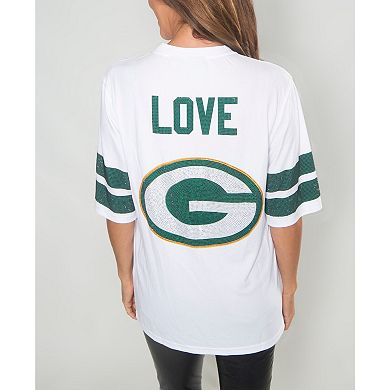 Women's Cuce Jordan Love White Green Bay Packers Crystal V-Neck Tunic