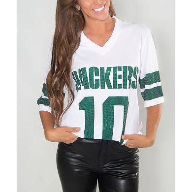 Women's Cuce Jordan Love White Green Bay Packers Crystal V-Neck Tunic