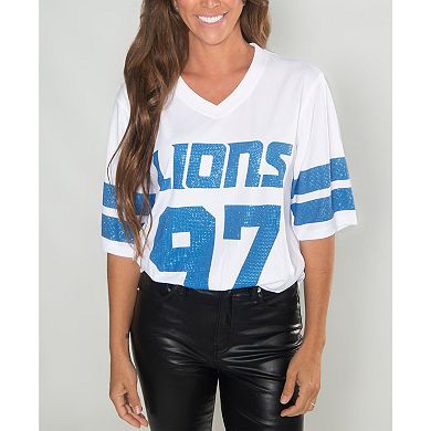 Women's Cuce Aidan Hutchinson White Detroit Lions Crystal V-Neck Tunic