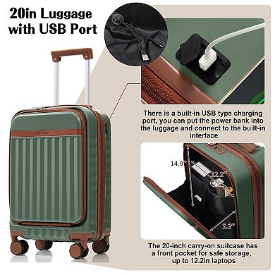Merax Hardshell Luggage Sets 3 Piece Carry-on Suitcases with Spinner Wheels，Front Opening Design