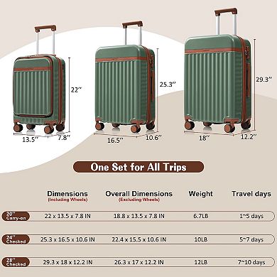 Merax Hardshell Luggage Sets 3 Piece Carry-on Suitcases with Spinner Wheels，Front Opening Design