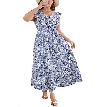 Plus Size Sleeveless Casual Summer Dress for Women Elegant Flounce Hem Flowy Maxi Dress with Pockets