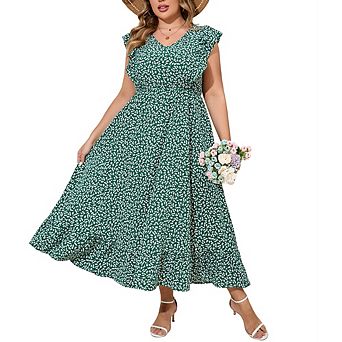 Plus Size Sleeveless Casual Summer Dress for Women Elegant Flounce Hem Flowy Maxi Dress with Pockets